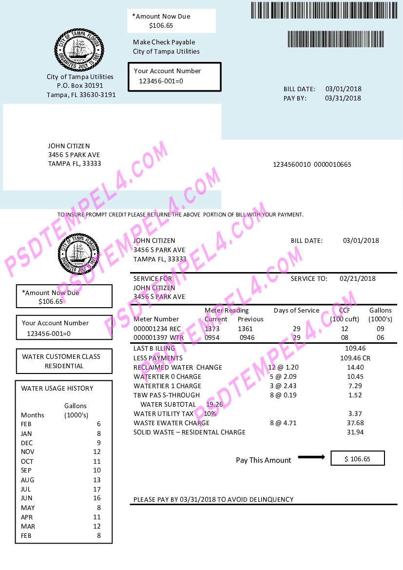 USA Florida water utility bill