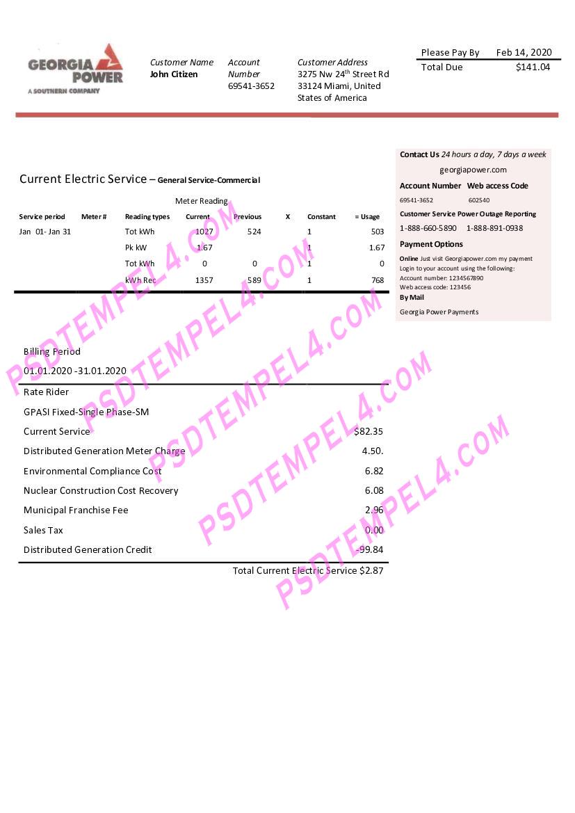 USA Georgia Power utility bill