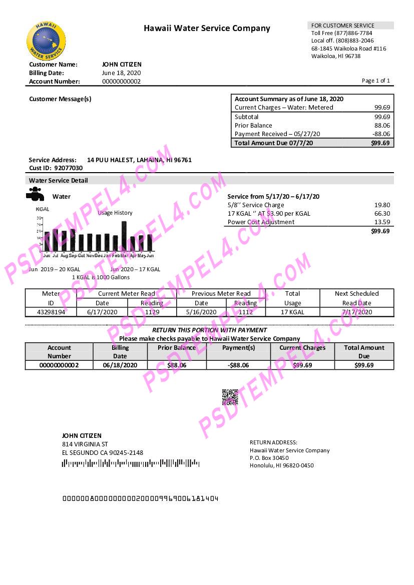 USA Hawaii Water Service Company utility bill