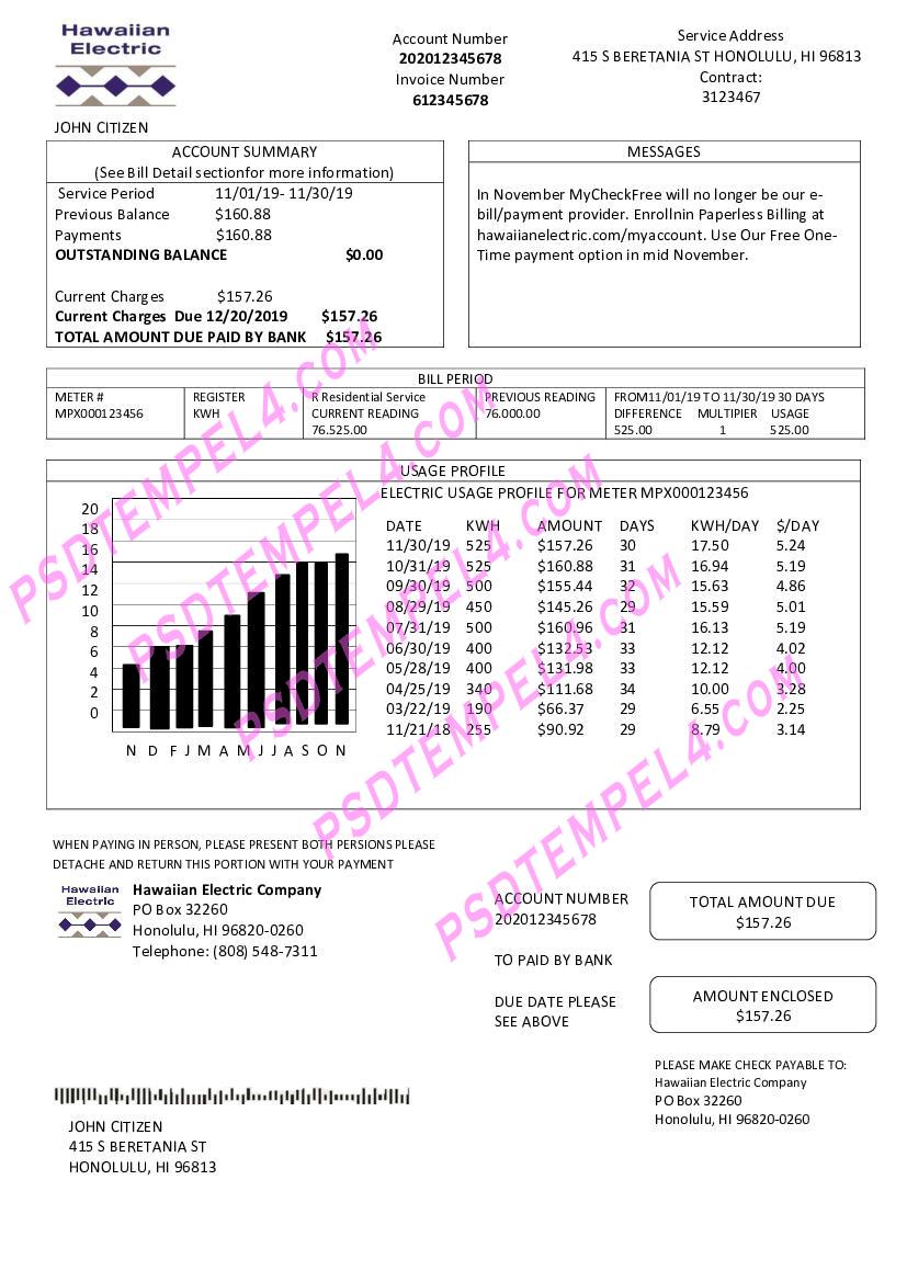 USA Hawaiian Electric utility bill
