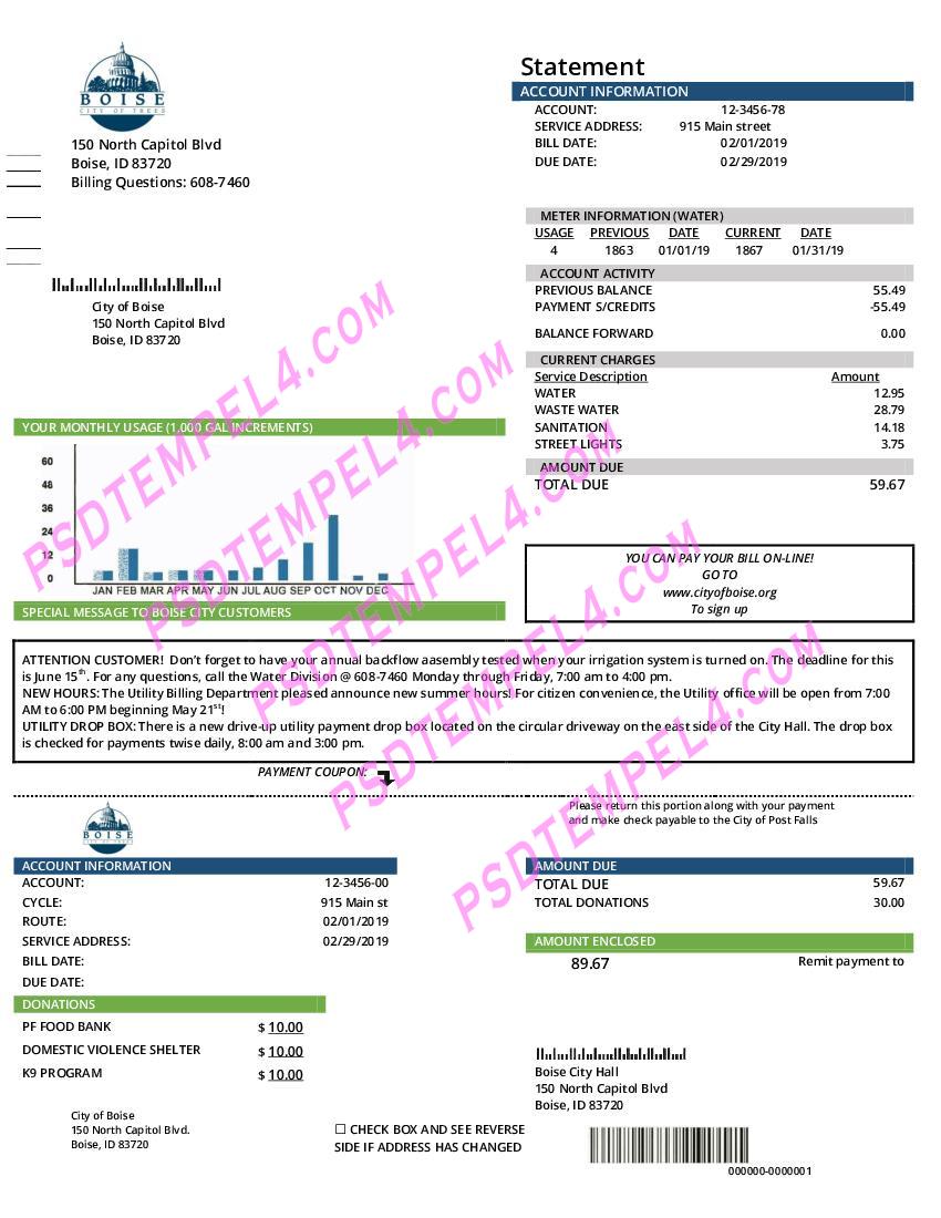 USA Idaho Boise City of Trees water utility bill