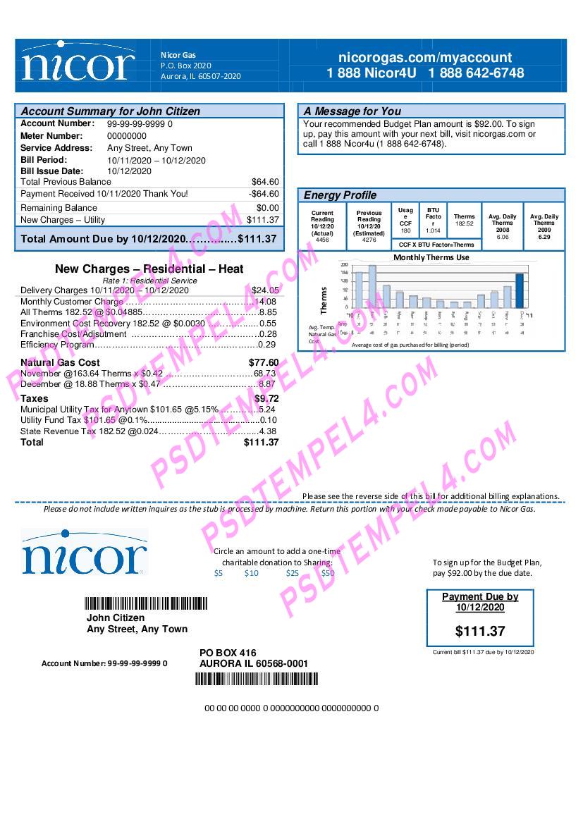 USA Illinois Nicor gas utility bill
