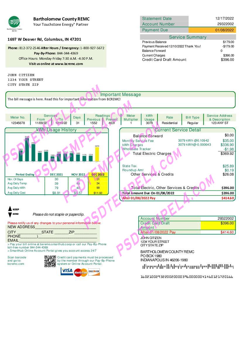 USA Indiana Bartholomew County REMC utility bill