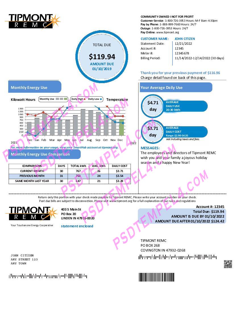 USA Indiana Tipmont utility bill