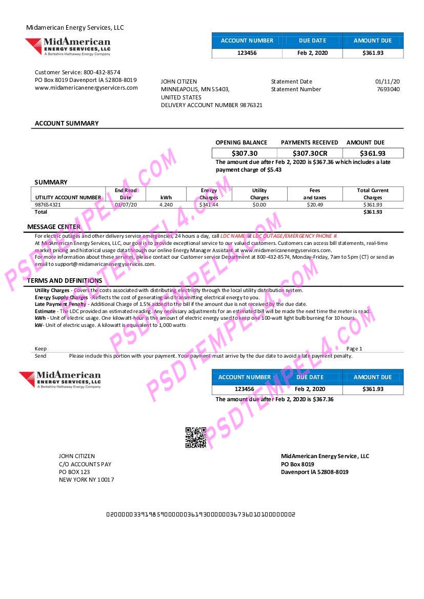 USA Iowa MidAmerican Energy Services utility bill