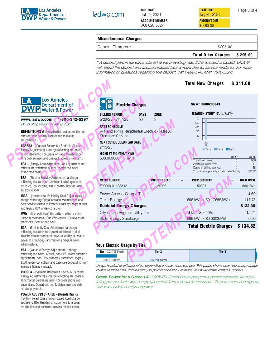 USA Los Angeles Department of Water & Power LADWP utility bill 4pages
