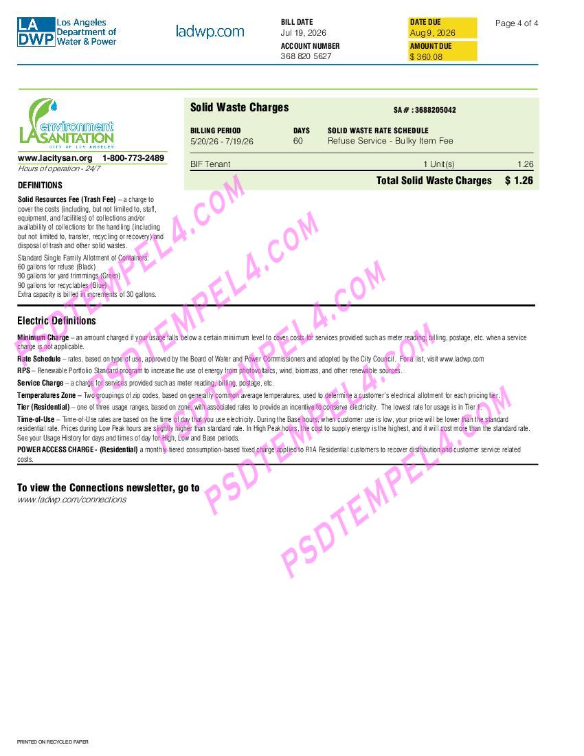 USA Los Angeles Department of Water & Power LADWP utility bill 4pages