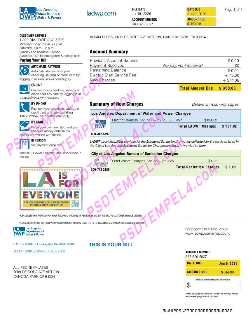 USA Los Angeles Department of Water & Power LADWP utility bill 4pages