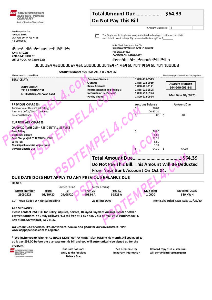 USA Louisiana AEP electricity utility bill