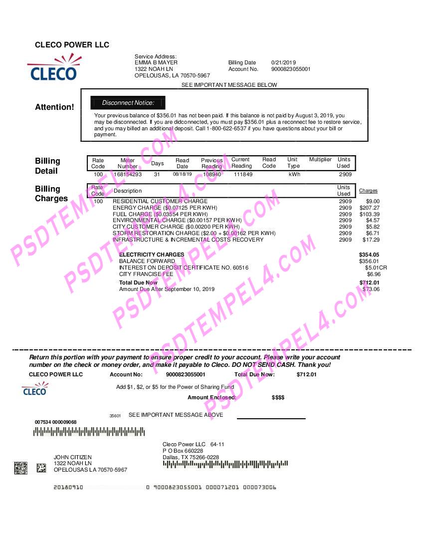 USA Louisiana Cleco Power electricity utility bill