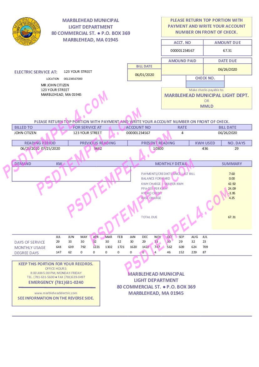 USA Marblehead Municipal Light Department utility bill