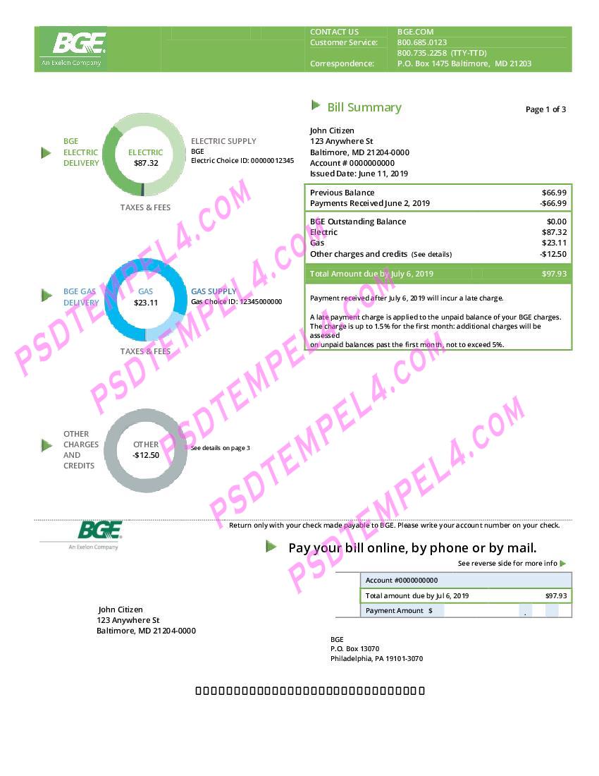 USA Maryland BGE gas and electric 1Pages V1 utility bill