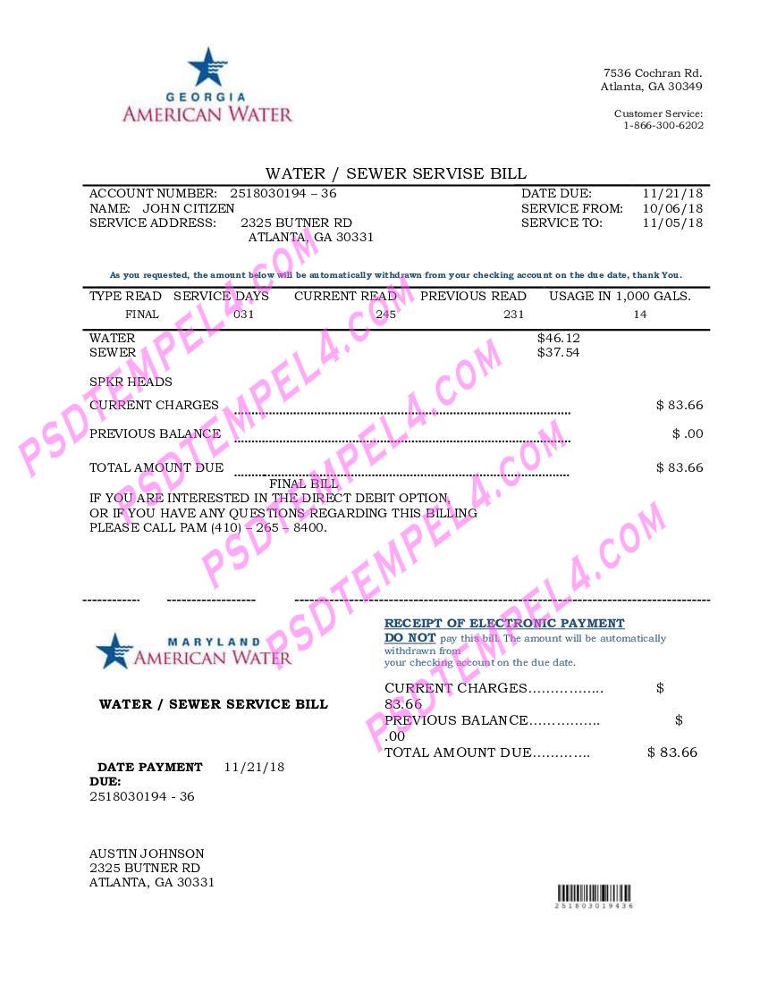 USA Maryland Georgia Water utility bill