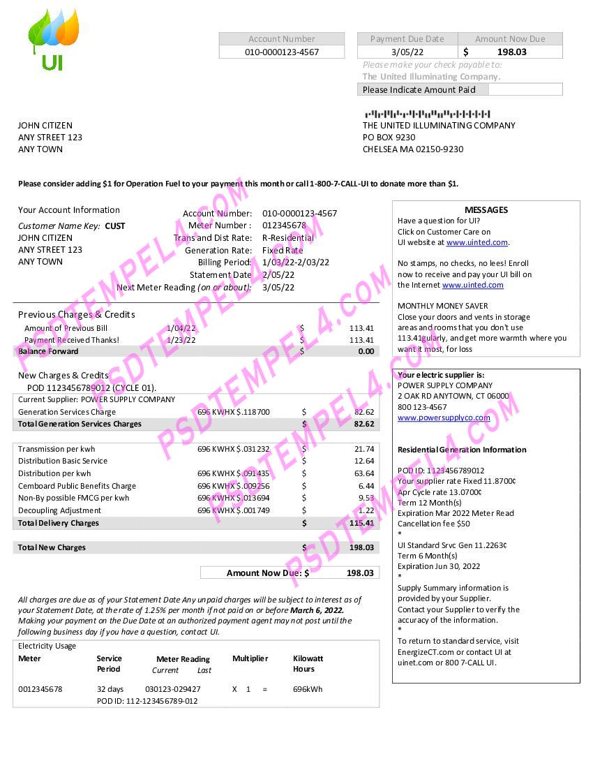 USA Massachusetts Chelsea UI The United Illuminating Company utility bill