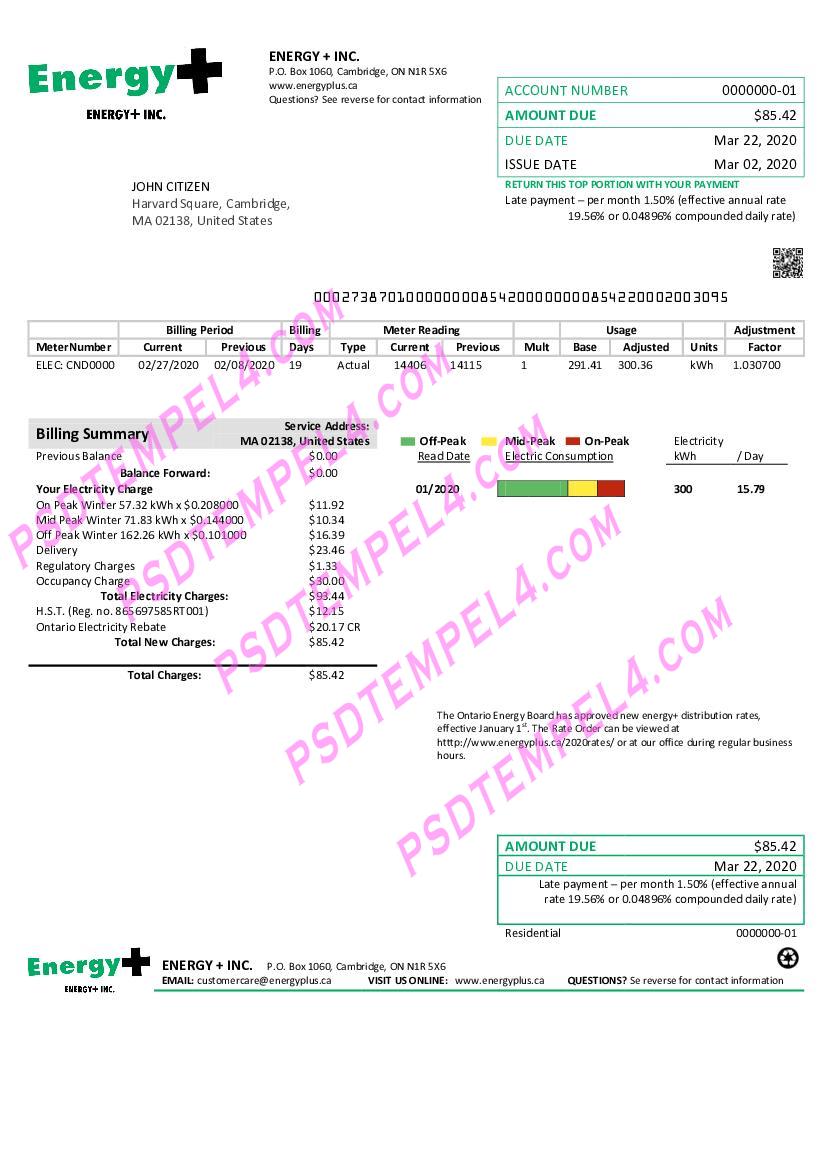 USA Massachusetts Energy Plus electricity utility bill