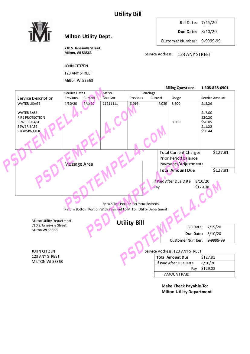 USA Massachusetts Milton Utility Dept water utility bill