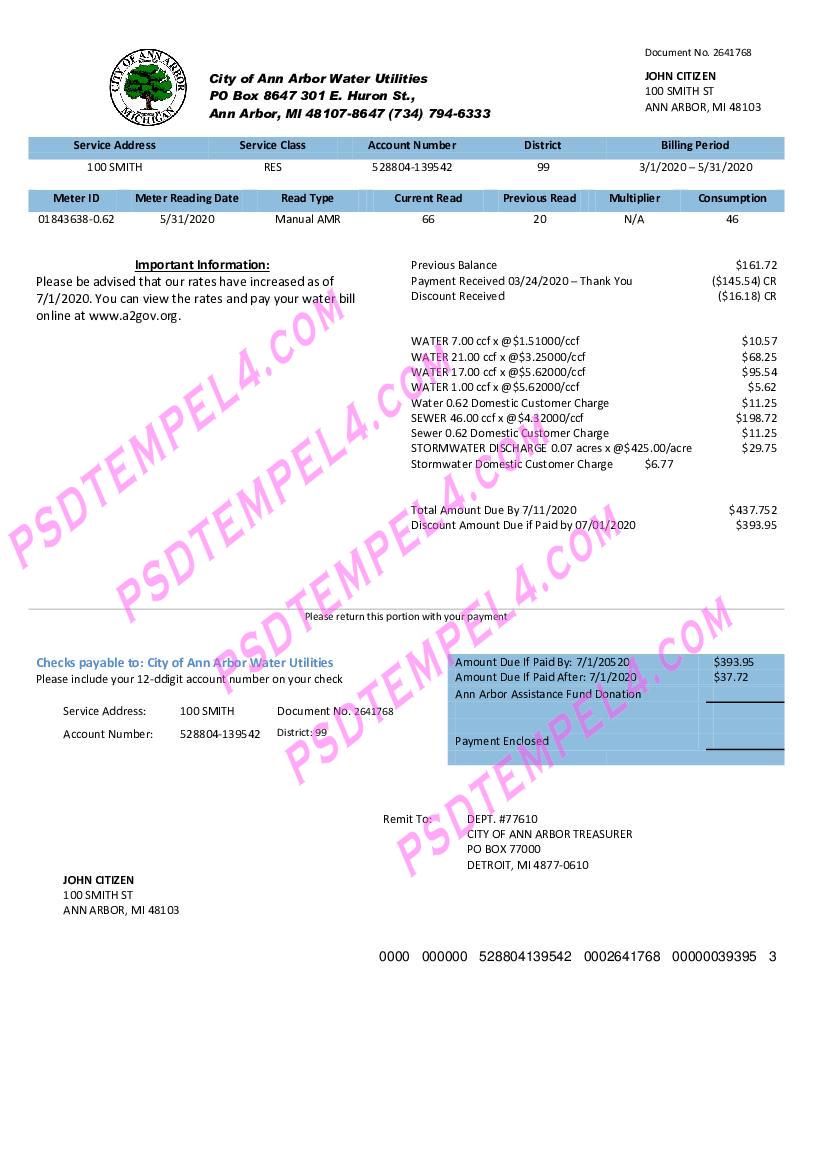 USA Michigan City of Ann Arbor Water Utilities utility bill