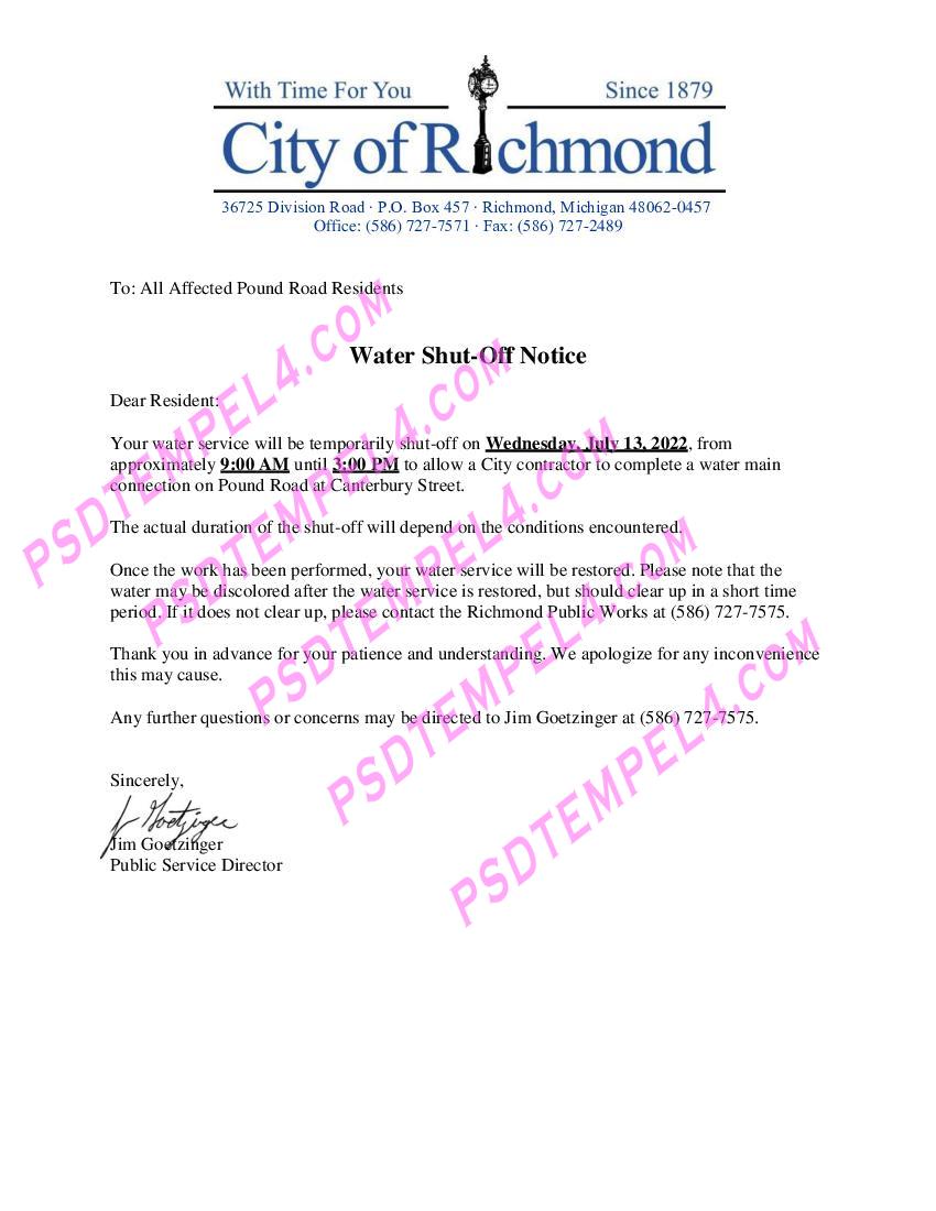 USA Michigan City of Richmond water shut off notice utility bill