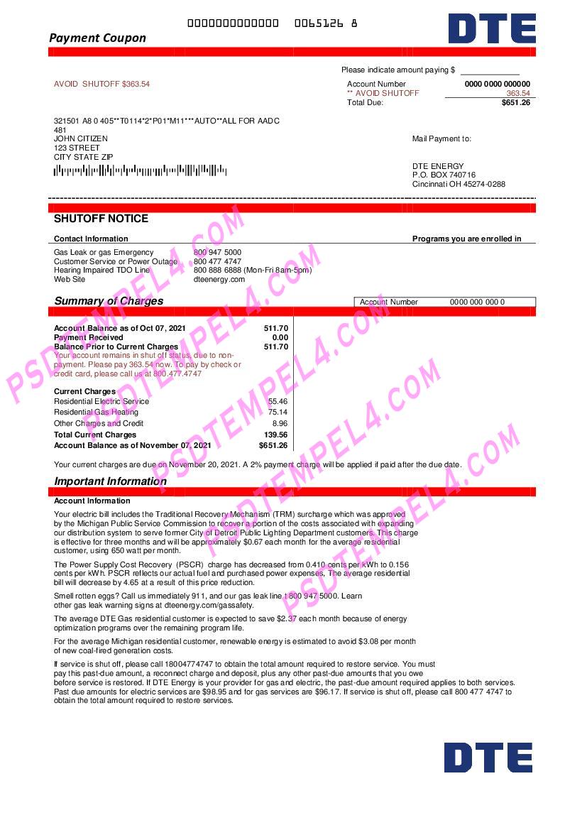 USA Michigan DTE Energy utility bill