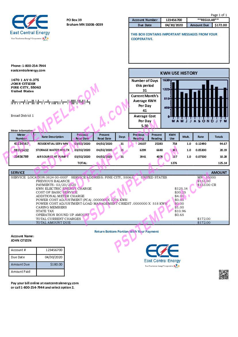 USA Minnesota East Central Energy utility bill