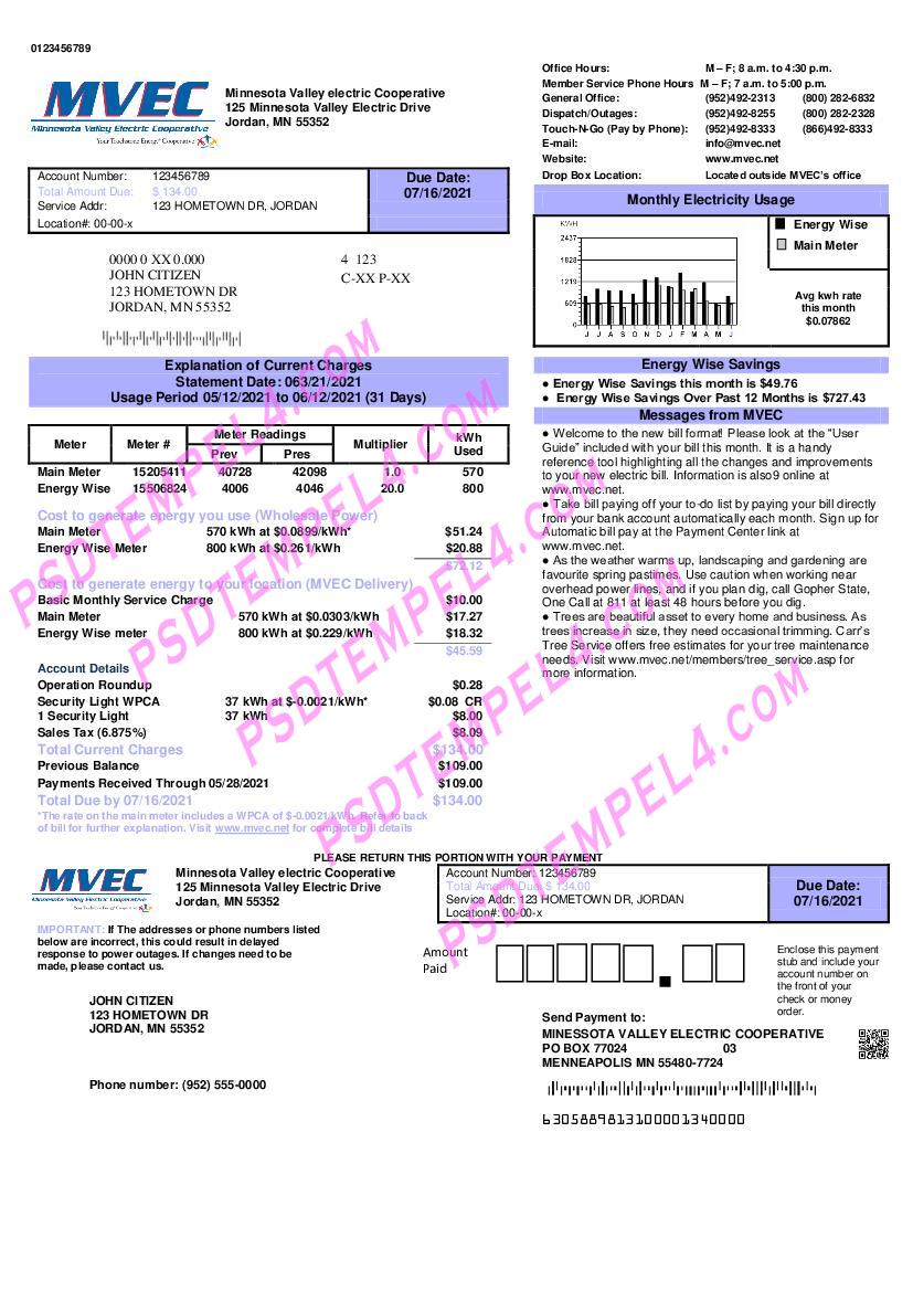 USA Minnesota Valley Electric Cooperative MVEC utility bill