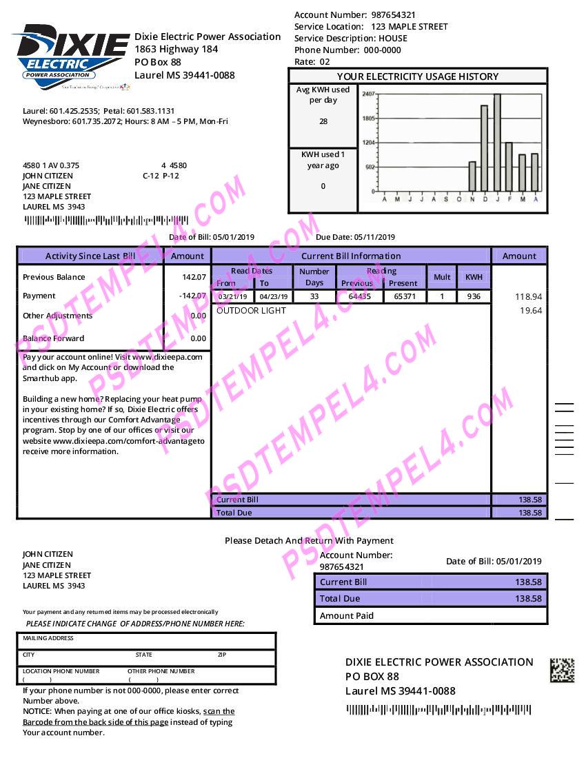 USA Mississipi Dixie Electric utility bill