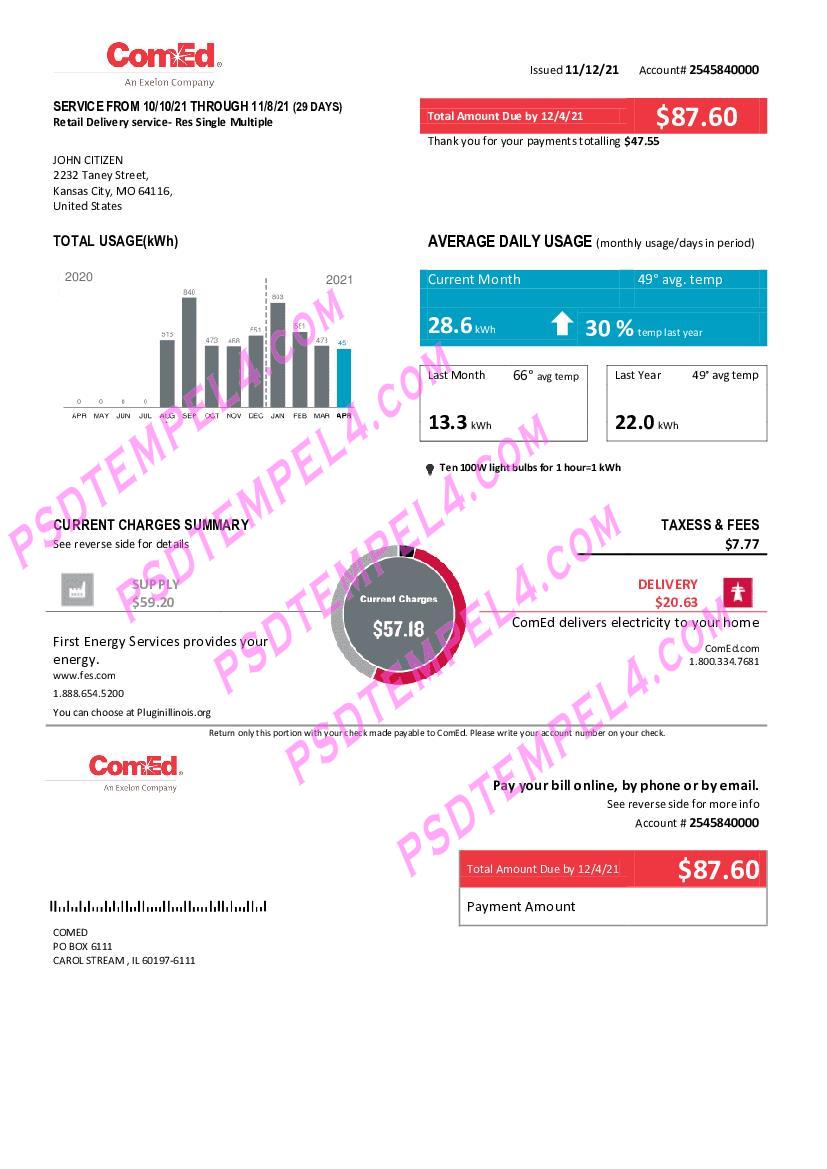 USA Missouri ComEd Electricity utility bill