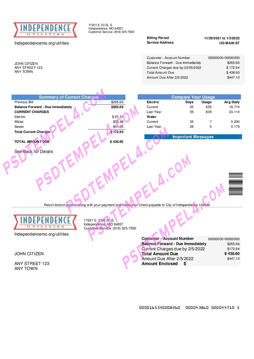 USA Missouri Independence Utilities V1 utility bill