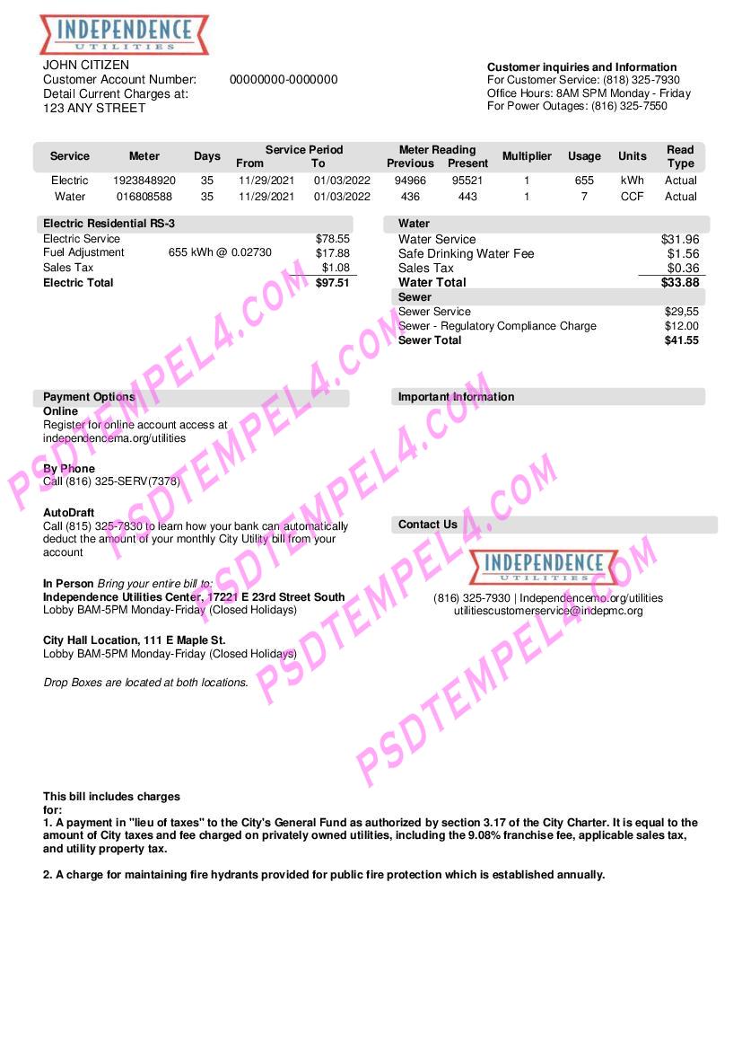 USA Missouri Independence Utilitiesl V2 utility bill