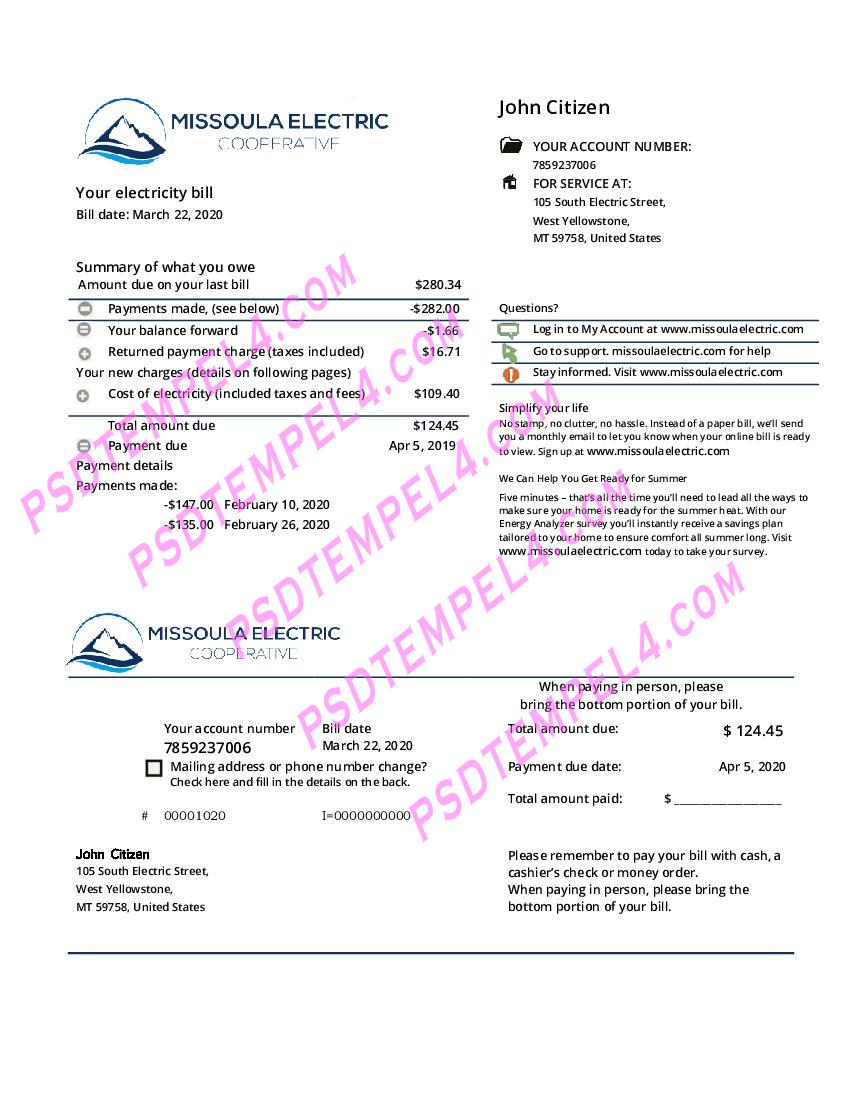 USA Montana Missoula Electric Cooperative utility bill