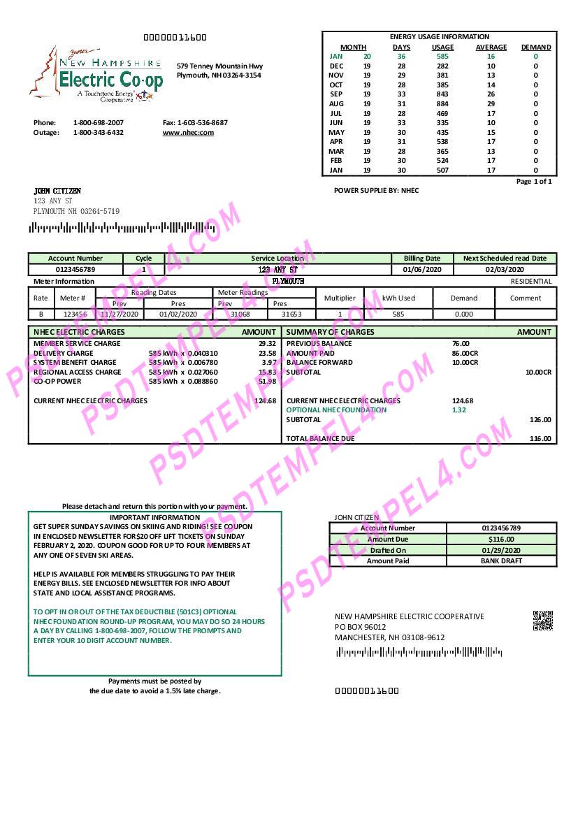 USA New Hampshire Electric Co-op electricity utility bill