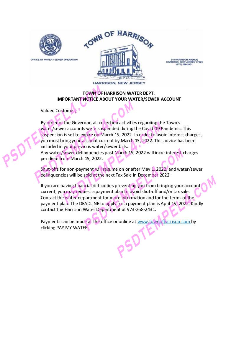 USA New Jersey Town of Harisson utility water dept notice utility bill