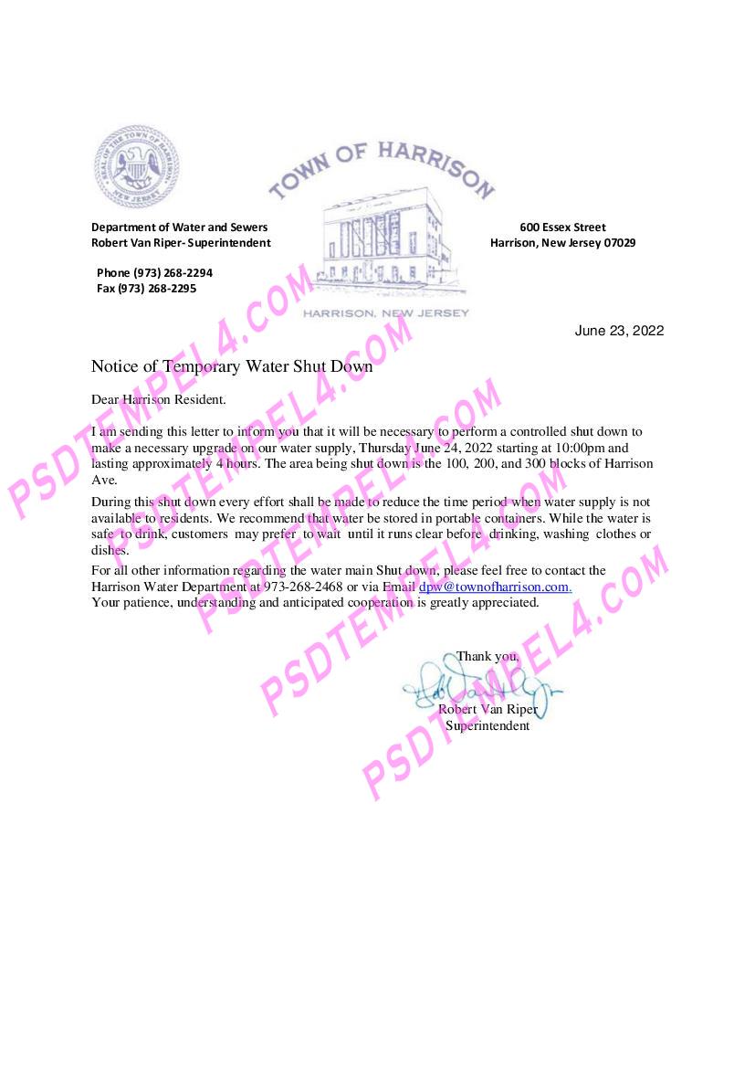 USA New Jersey Town of Harrison water shut off notice utility bill