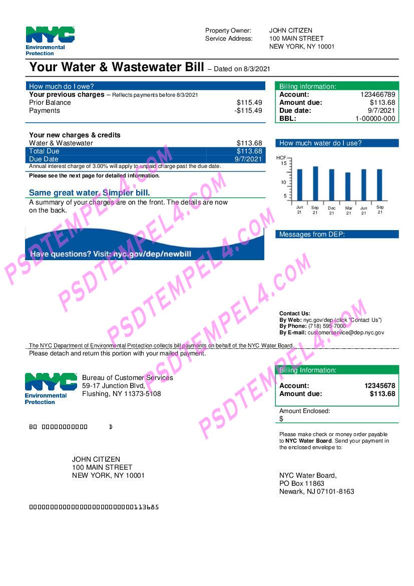 USA New York Department of Environmental Protection (DEP) utility bill
