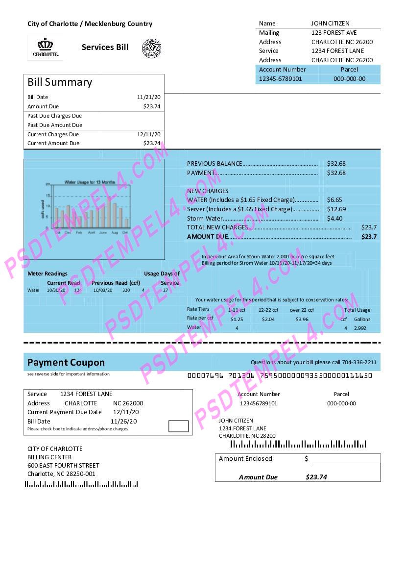 USA North Carolina City of Charlotte water utility bill
