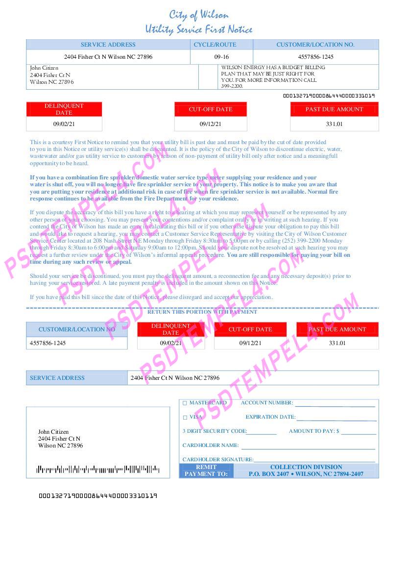 USA North Carolina City of Wilson utility bill