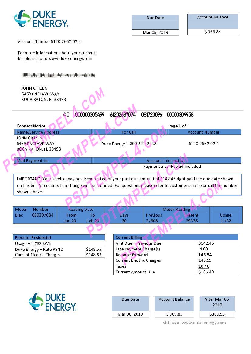 USA North Carolina Duke Energy utility bill