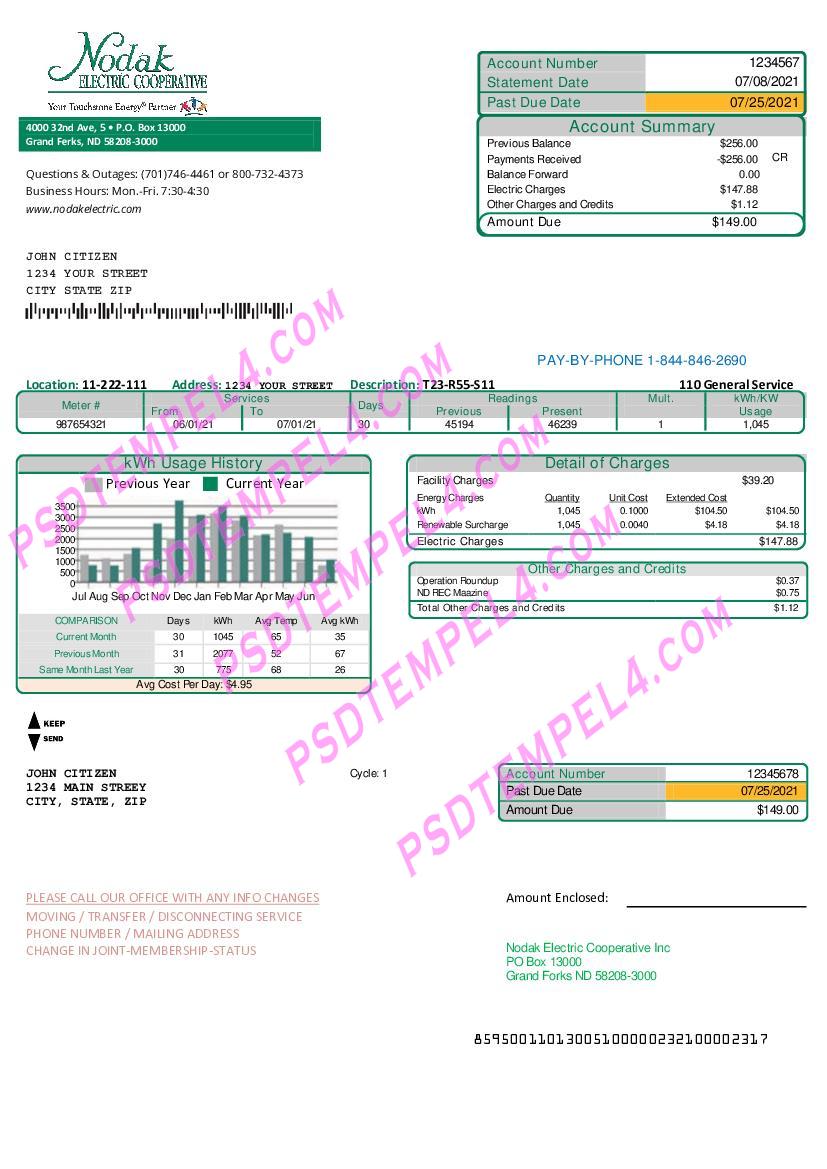 USA North Dakota Nodak Electric Cooperative utility bill