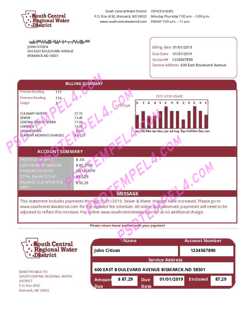 USA North Dakota South Central Regional Water District utility bill