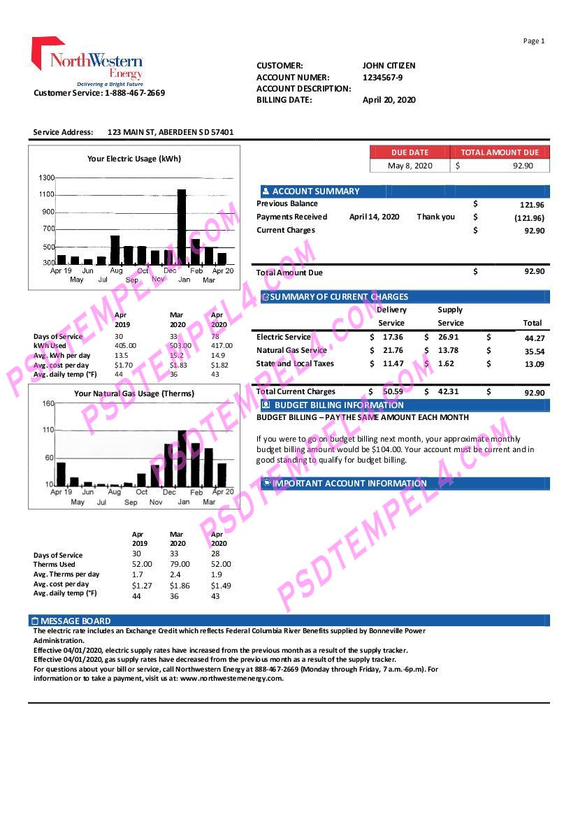 USA NorthWestern Energy V1 utility bill