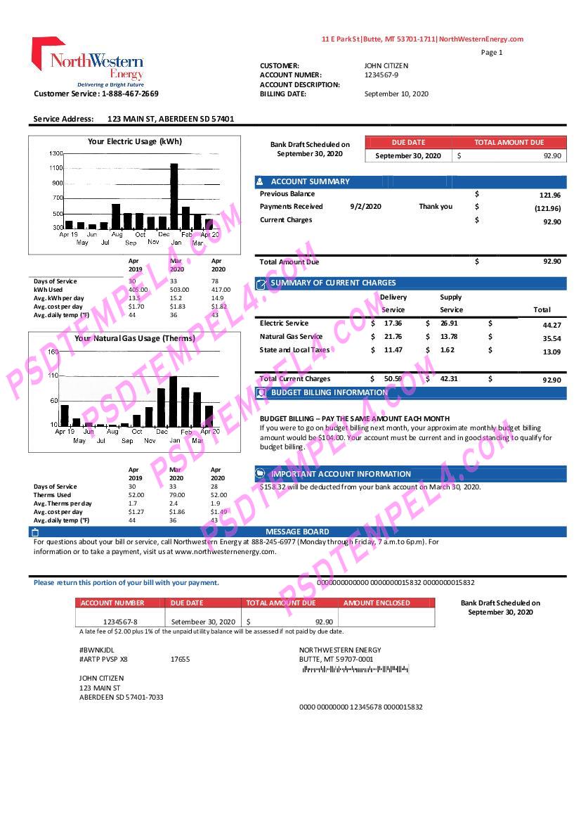 USA NorthWestern Energy V2 utility bill