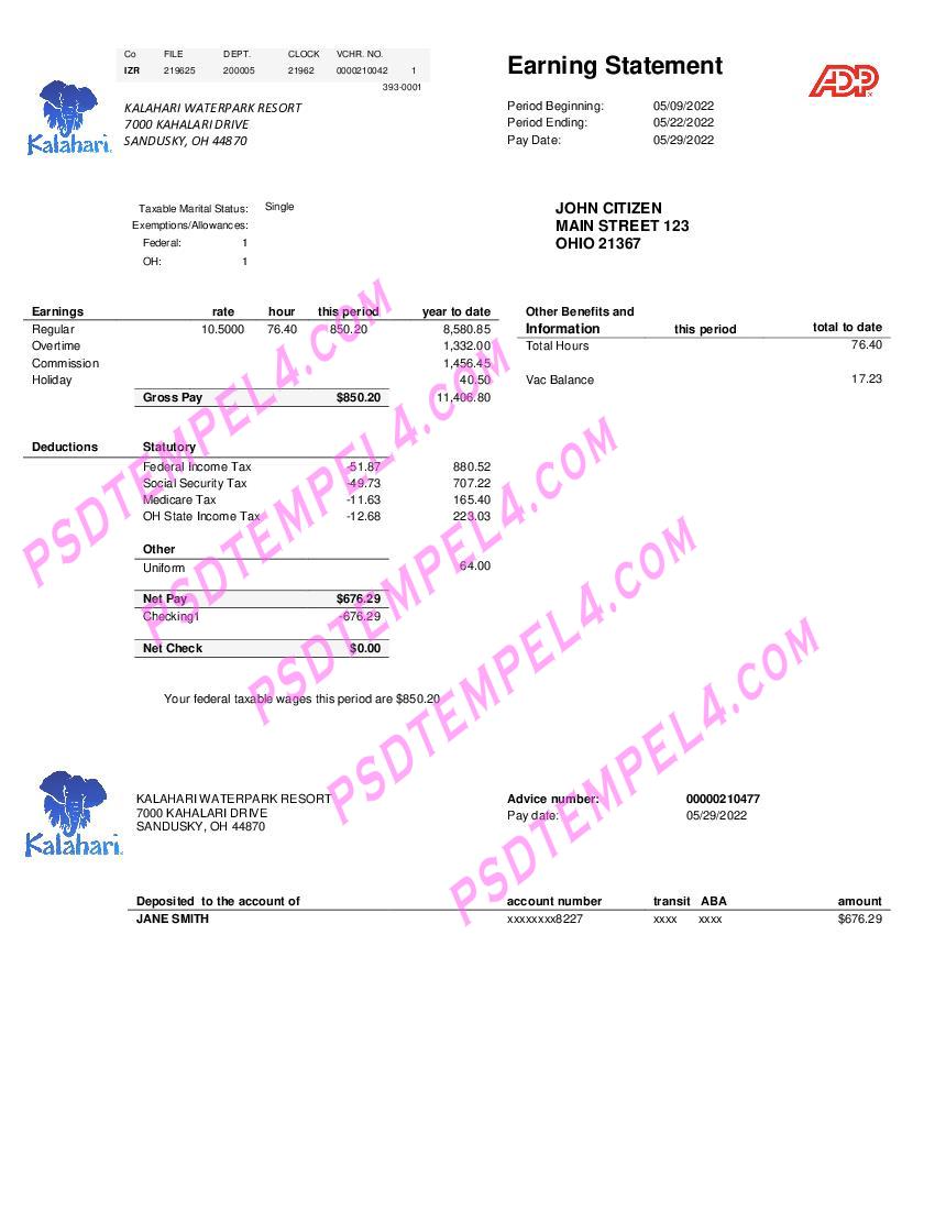 USA Ohio Kalahari Waterpark Resort utility bill