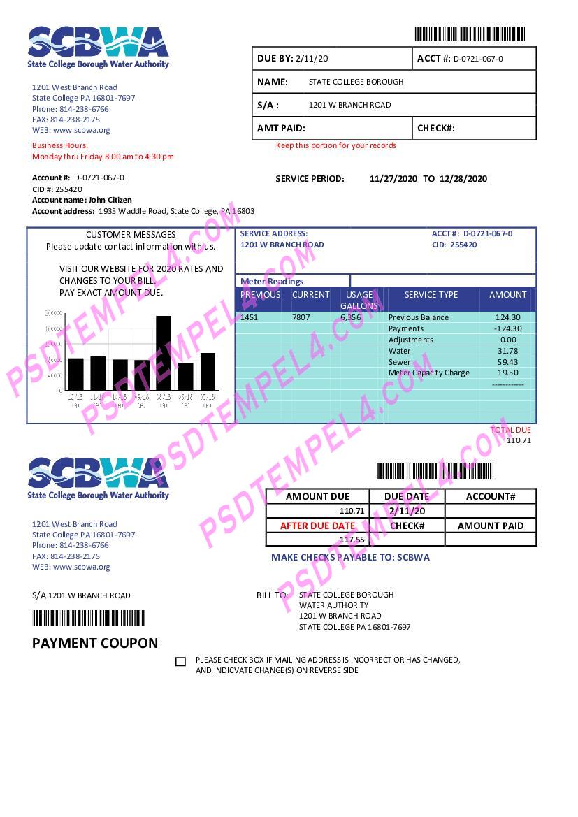 USA Pennsylvania SCBWA water utility bill