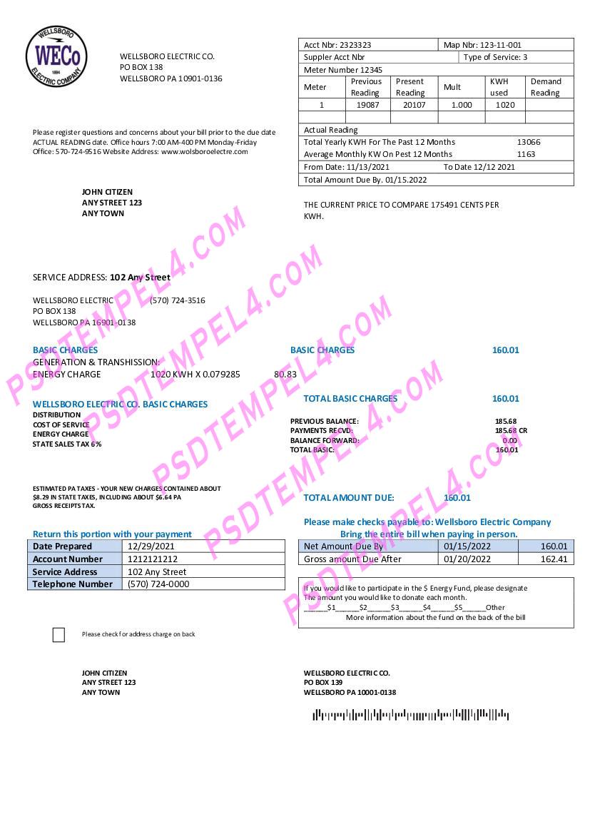 USA Pennsylvania Wellsboro Electric utility bill