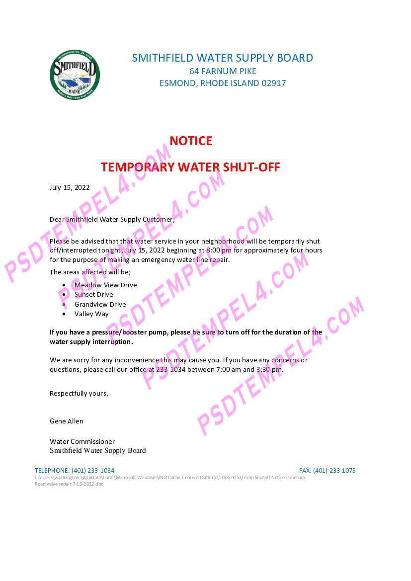USA Rhode Island Smithfield water supply board water shut off notice utility bill