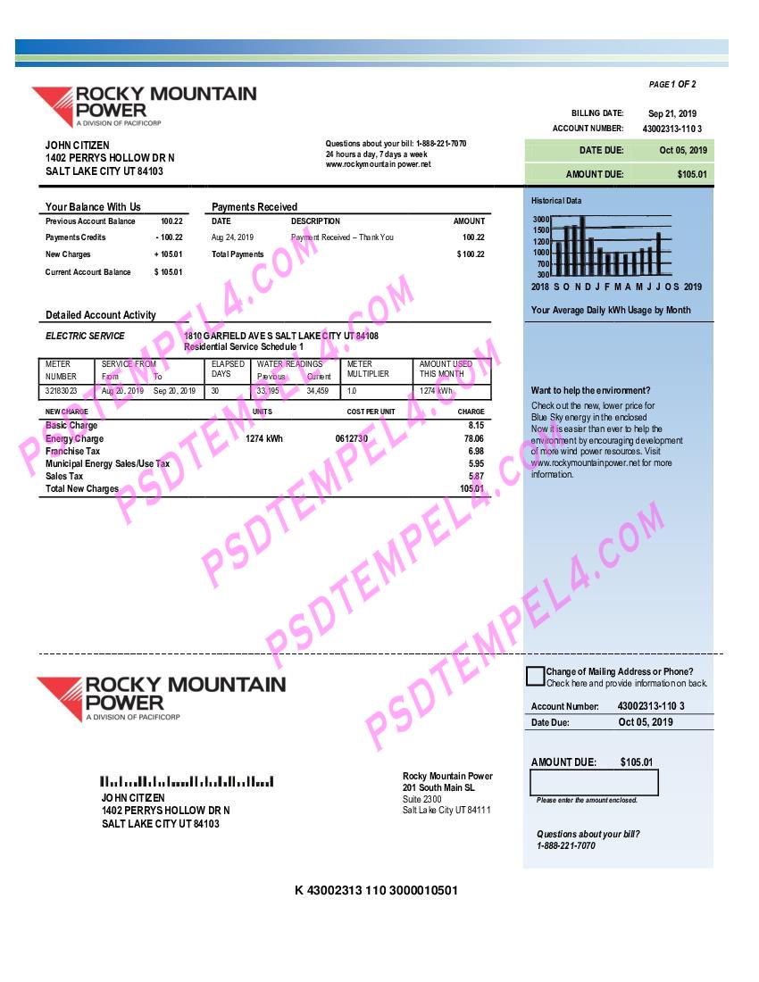 USA Rocky Mountain Power electricity utility bill