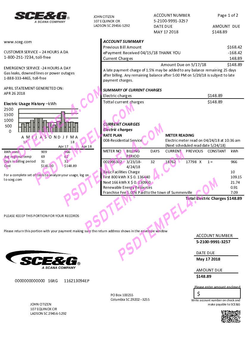 USA South Carolina SCE&G electricity utility bill