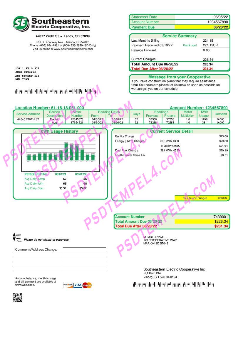 USA South Dakota Southeastern Electric utility bill