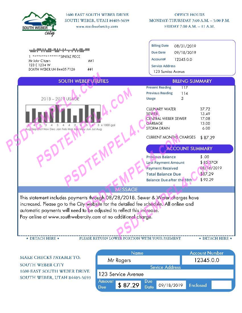 USA South Weber City Utah water utility bill