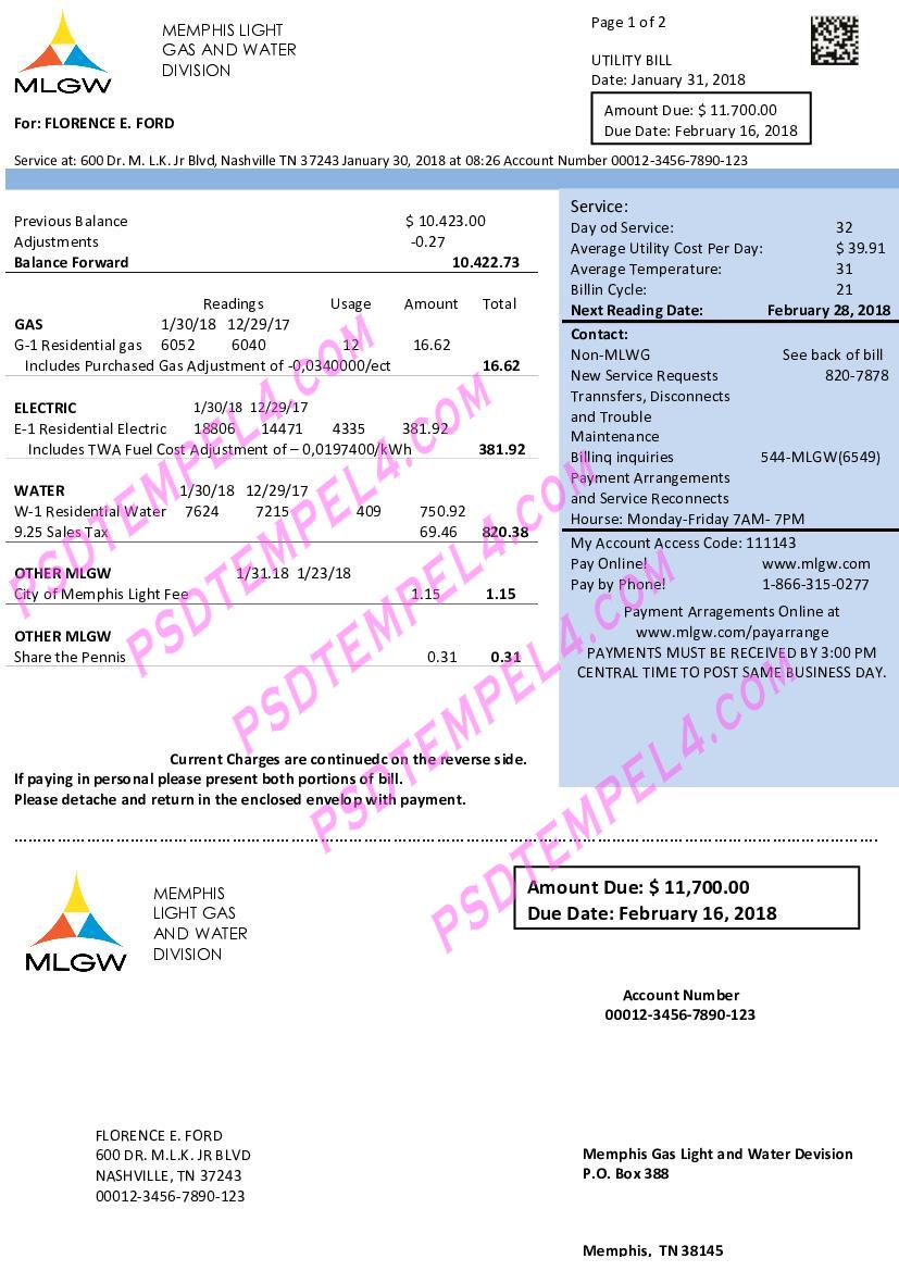 USA Tennesse MLGW utility bill